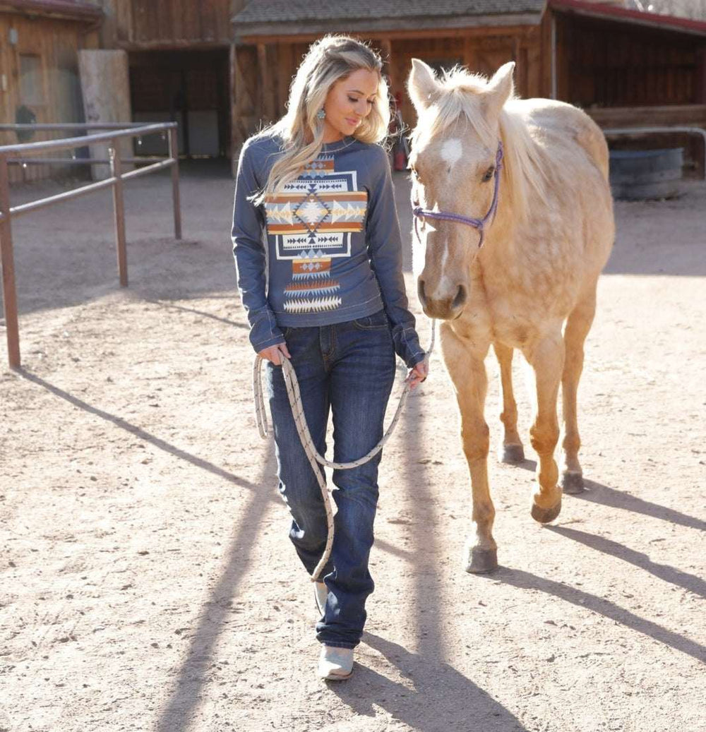 Cinch Women's L/S Raglan Shirt Blue Aztec Print CTK7522002 Shirt cruel girl Women's Cinch