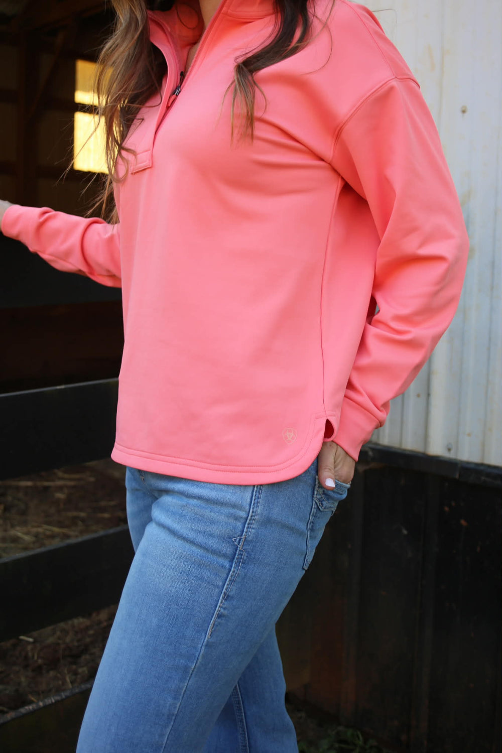 WMS Breeze Logo 1/2 Zip Sweatshirt SHELL PINK 10071260 Pullover ariat ariatwomens Women's Ariat