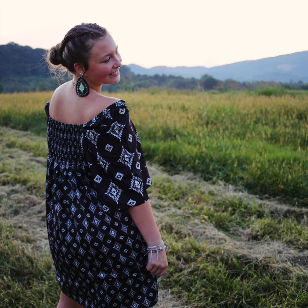 Black Aztec Printed Pleated Square Neckline Dress DR560 Dress dress Women's Lucky & Blessed