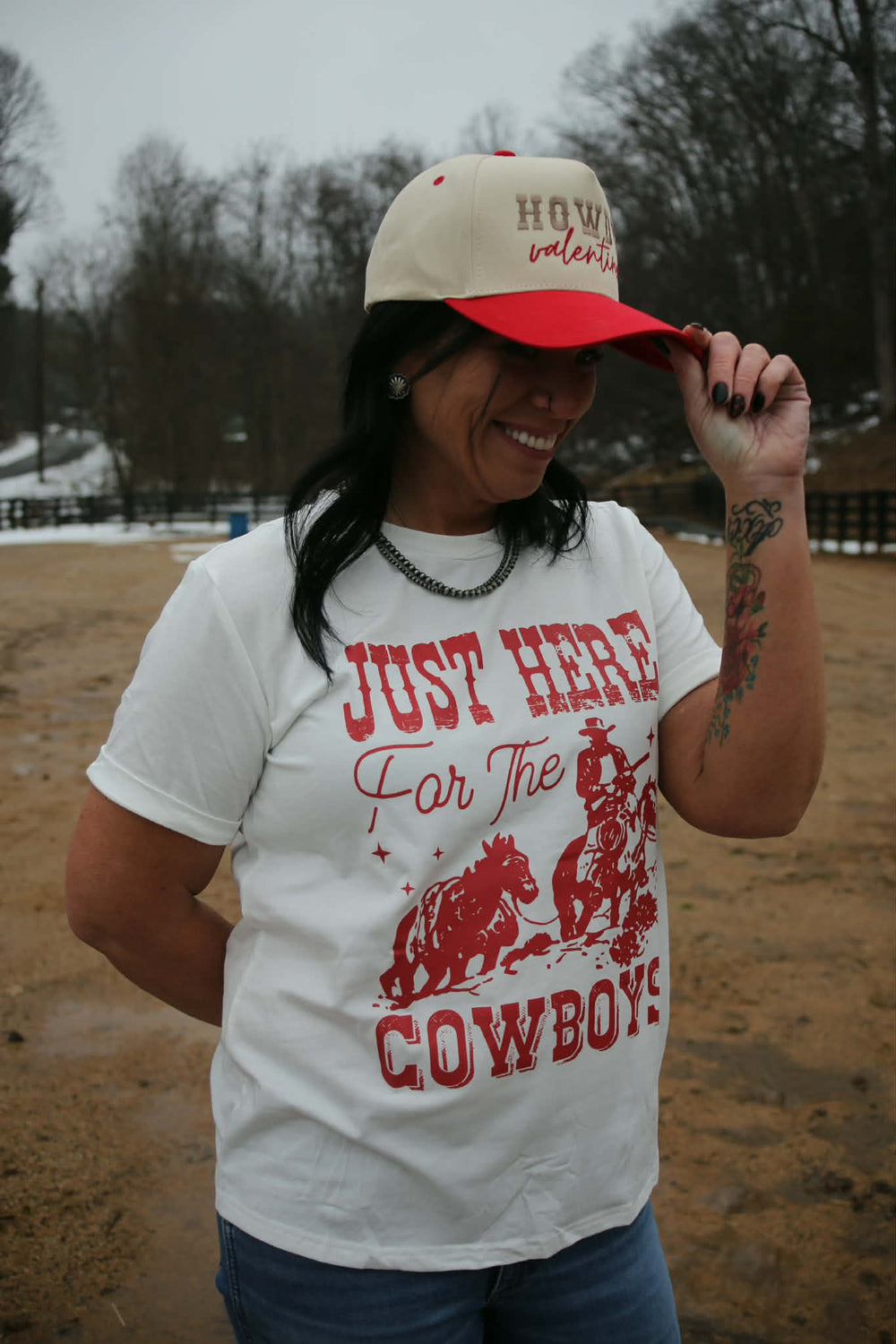 Western JUST HERE For THE COWBOY Cuffed Sleeve T Shirt T Shirt Women's fashionworks