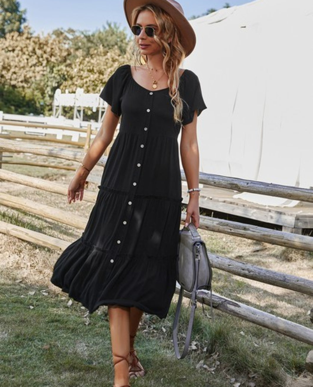 Black Short Sleeve Dress With Buttons Down The Front