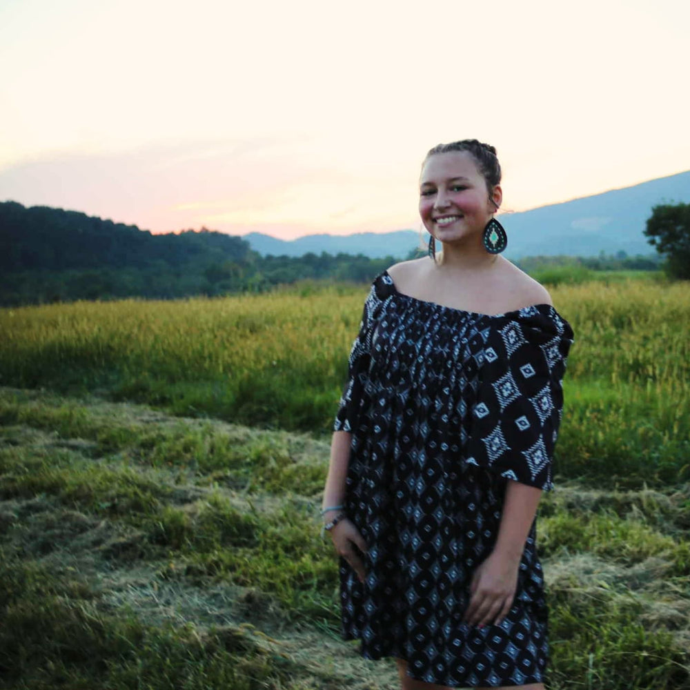 Black Aztec Printed Pleated Square Neckline Dress DR560 Dress dress Women's Lucky & Blessed
