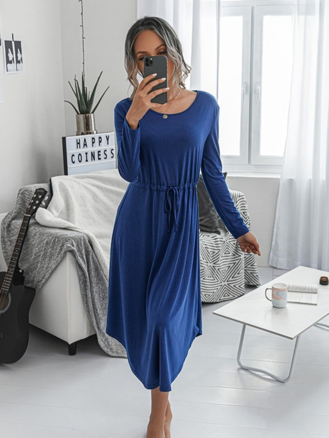 Round Neck Solid Long Sleeve Dress/Royal Blue