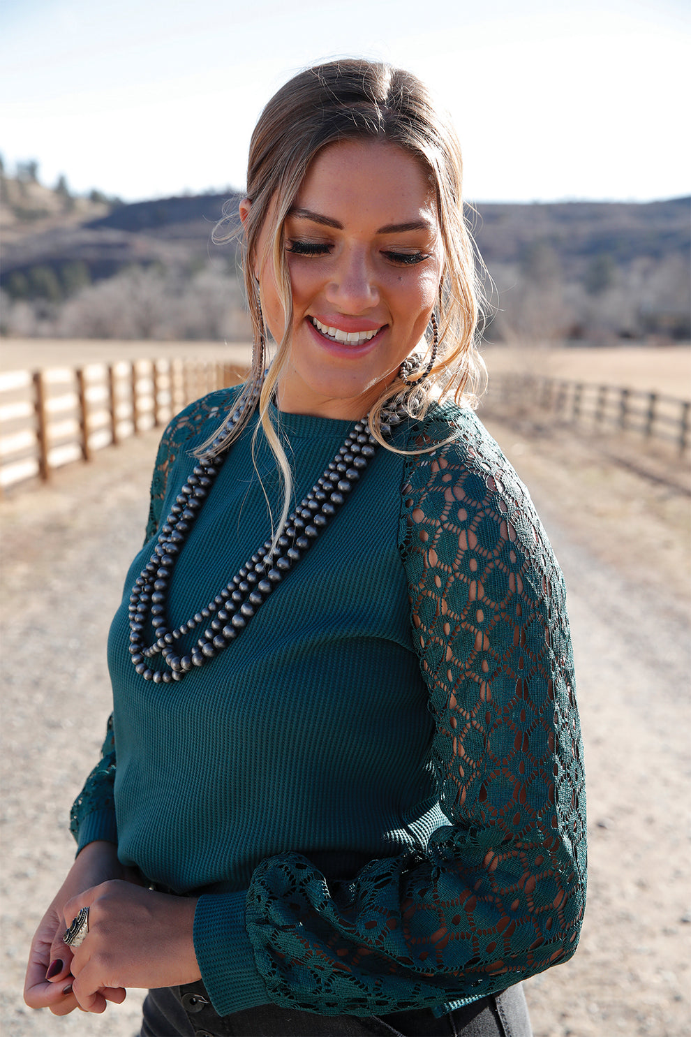 Cinch Women's L/S Knit Lace Sleeves/Forest CTK7493003 Shirt cruel girl Women's Cinch