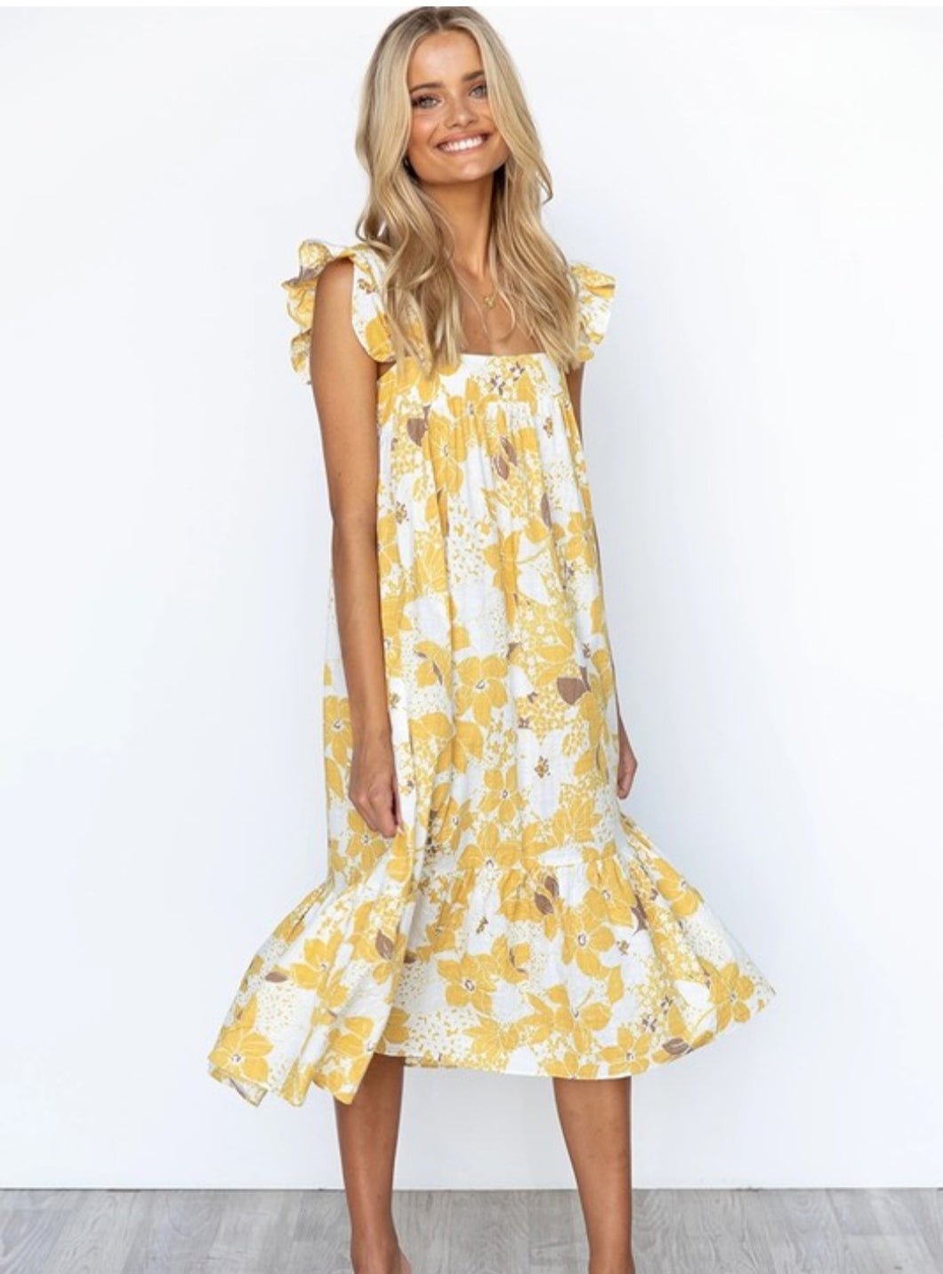 Floral Print Ruffle Midi Dress/Yellow
