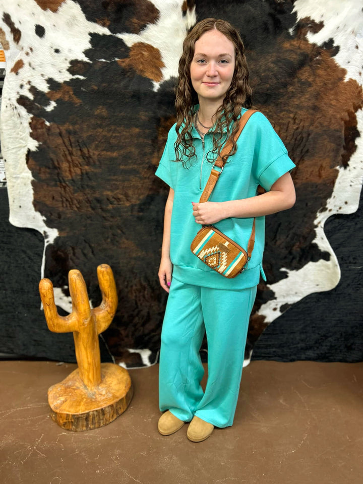 Short Sleeve Quarter Zip + Pants Set: EMERALD Outfit Set 60% off Women's Dear Scarlett