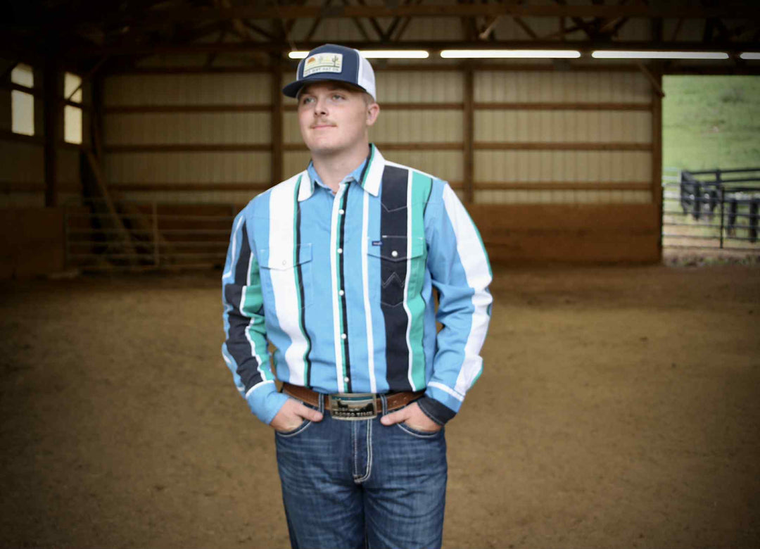 Wrangler® Vintage Inspired Long Sleeve Shirt - Classic Fit - Blue Multi Stripe 112368191 Shirts & Tops Wrangler
