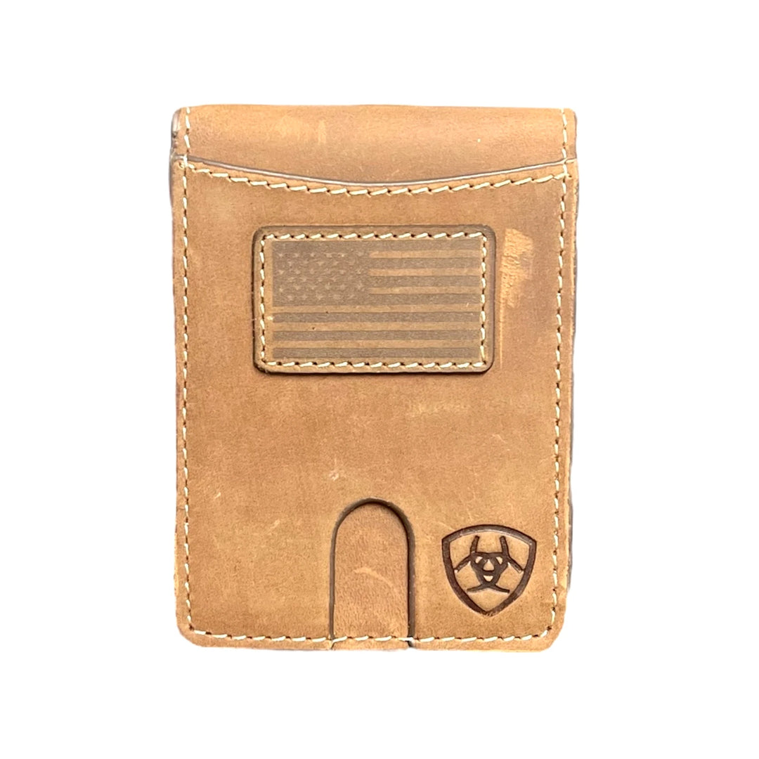 Ariat Western Wallet Money Clip Bifold Flag Patch Medium Brown A3566144 Wallets Ariat bifold money clip wallet western accessories Ariat