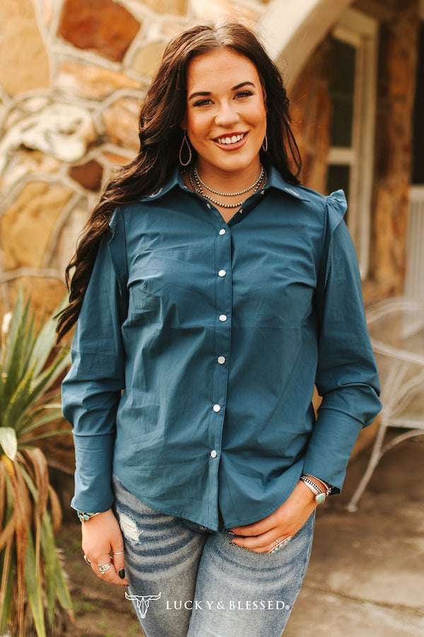 Teal Shoulder Ruffle Long Sleeve Shirt - Embroidered Detail Collar - Double C Western SupplyLucky & Blessed