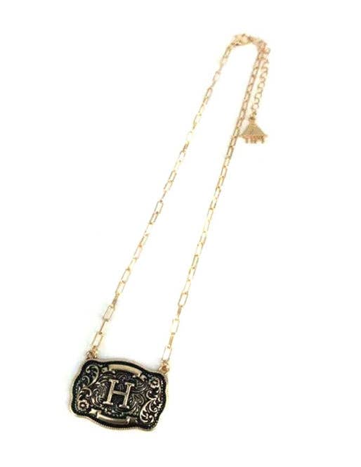 Western Belt Buckle Initial Necklace (sn0333AG) - Double C Western SupplySnowing West
