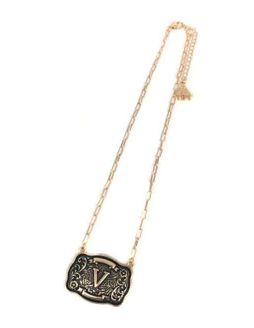 Western Belt Buckle Initial Necklace (sn0333AG) - Double C Western SupplySnowing West
