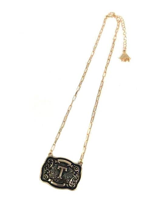 Western Belt Buckle Initial Necklace (sn0333AG) - Double C Western SupplySnowing West