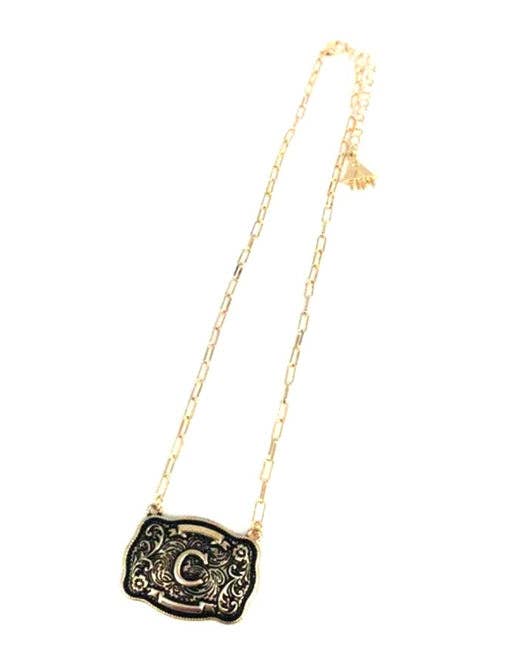 Western Belt Buckle Initial Necklace (sn0333AG) - Double C Western SupplySnowing West