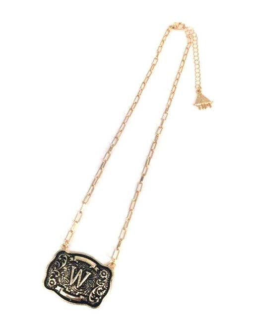 Western Belt Buckle Initial Necklace (sn0333AG) - Double C Western SupplySnowing West