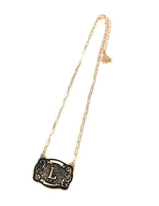 Western Belt Buckle Initial Necklace (sn0333AG) - Double C Western SupplySnowing West
