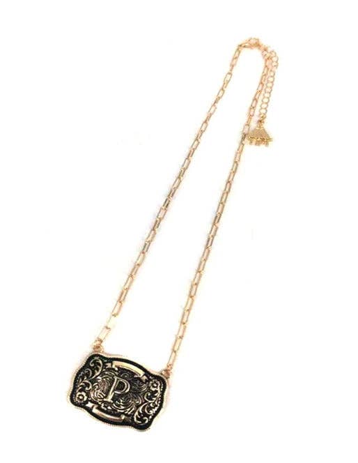 Western Belt Buckle Initial Necklace (sn0333AG) - Double C Western SupplySnowing West