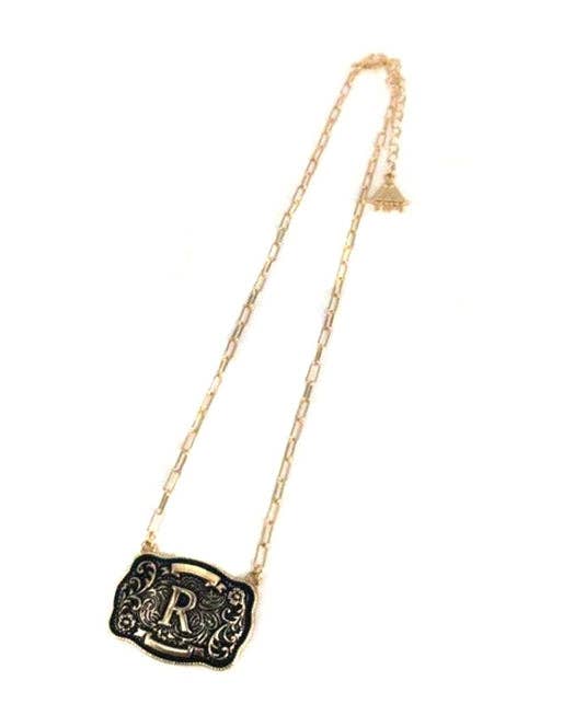 Western Belt Buckle Initial Necklace (sn0333AG) - Double C Western SupplySnowing West