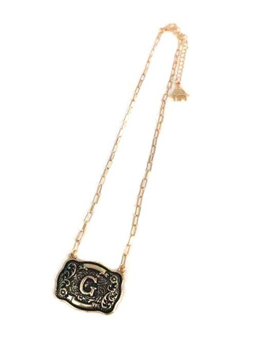 Western Belt Buckle Initial Necklace (sn0333AG) - Double C Western SupplySnowing West