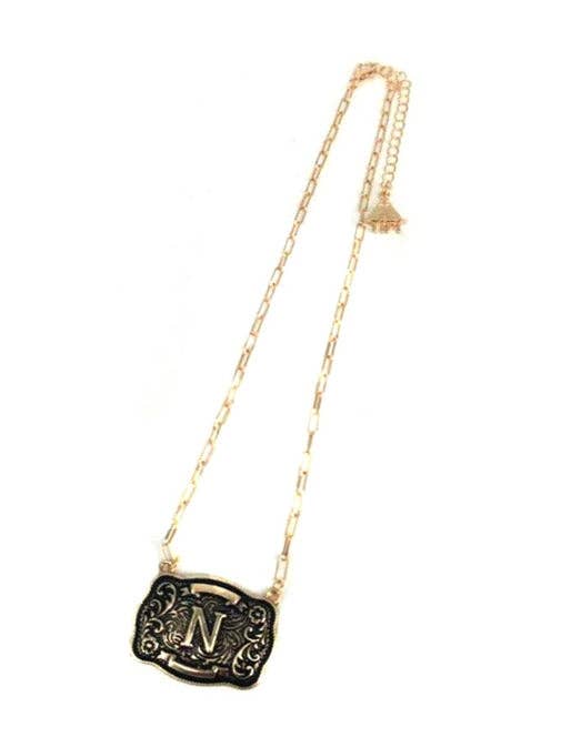 Western Belt Buckle Initial Necklace (sn0333AG) - Double C Western SupplySnowing West