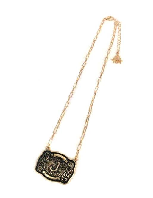 Western Belt Buckle Initial Necklace (sn0333AG) - Double C Western SupplySnowing West