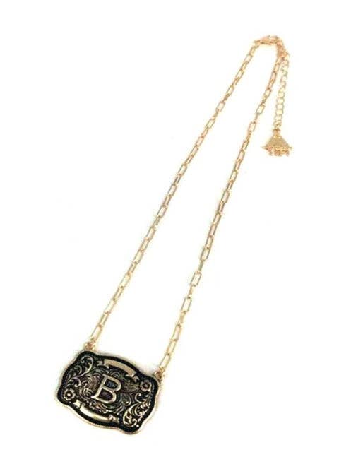 Western Belt Buckle Initial Necklace (sn0333AG) - Double C Western SupplySnowing West