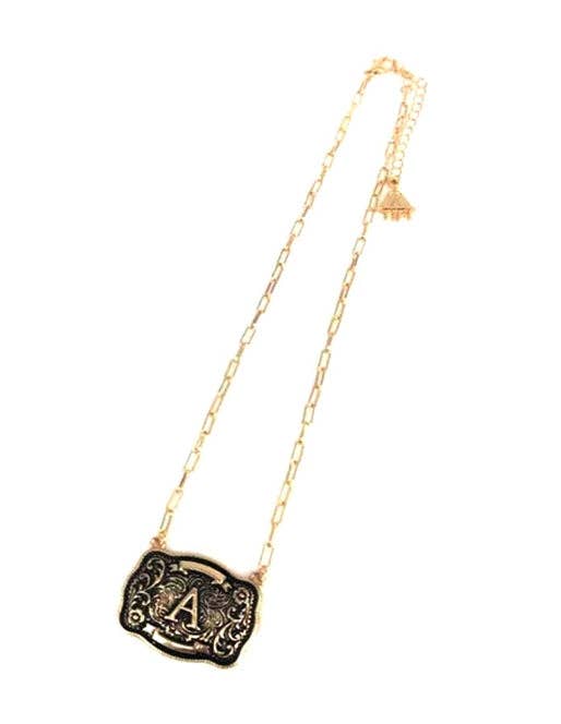 Western Belt Buckle Initial Necklace (sn0333AG) - Double C Western SupplySnowing West