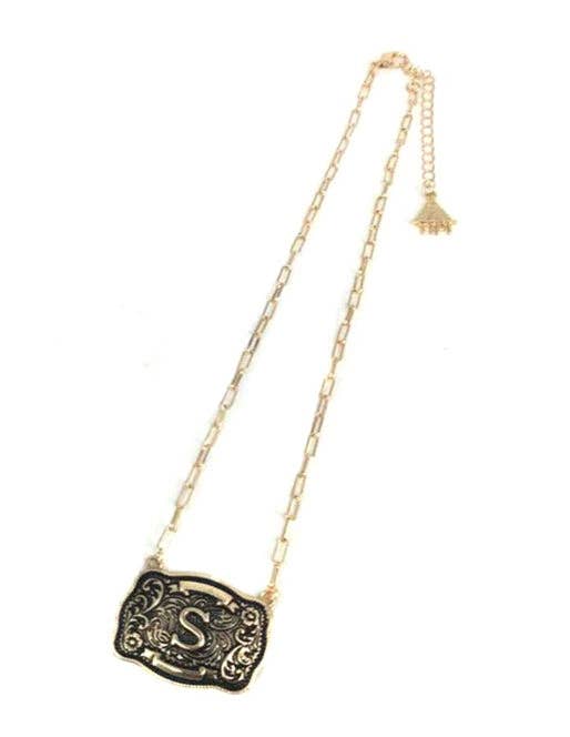 Western Belt Buckle Initial Necklace (sn0333AG) - Double C Western SupplySnowing West