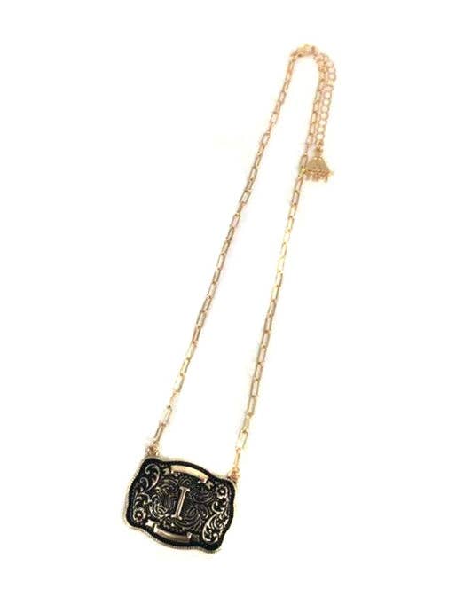 Western Belt Buckle Initial Necklace (sn0333AG) - Double C Western SupplySnowing West