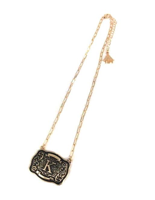 Western Belt Buckle Initial Necklace (sn0333AG) - Double C Western SupplySnowing West