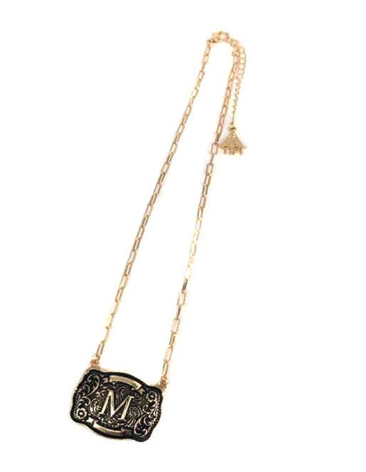 Western Belt Buckle Initial Necklace (sn0333AG) - Double C Western SupplySnowing West