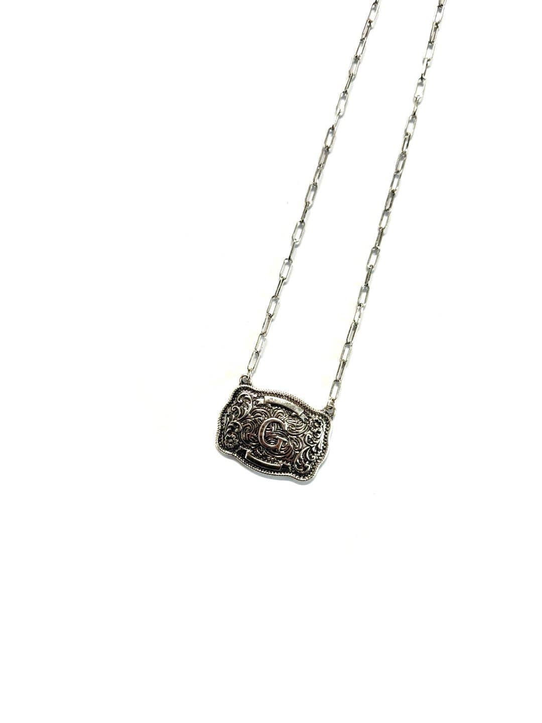 Western Belt Buckle Initial Necklace SN0333SB - Double C Western SupplySnowing West