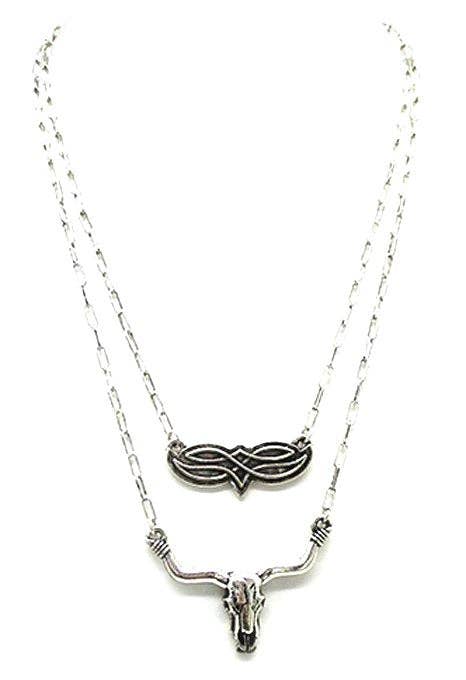 Western Steerhead & Boot Stitch 2 Layered Necklace Set SN0362SB - Double C Western SupplySnowing West
