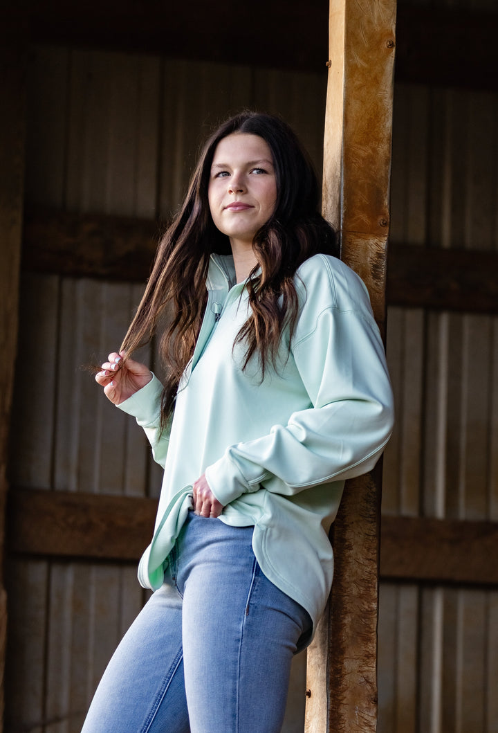 WMS Breeze Logo 1/2 Zip Sweatshirt DUSTY AQUA 10071259 - Double C Western SupplyAriat
