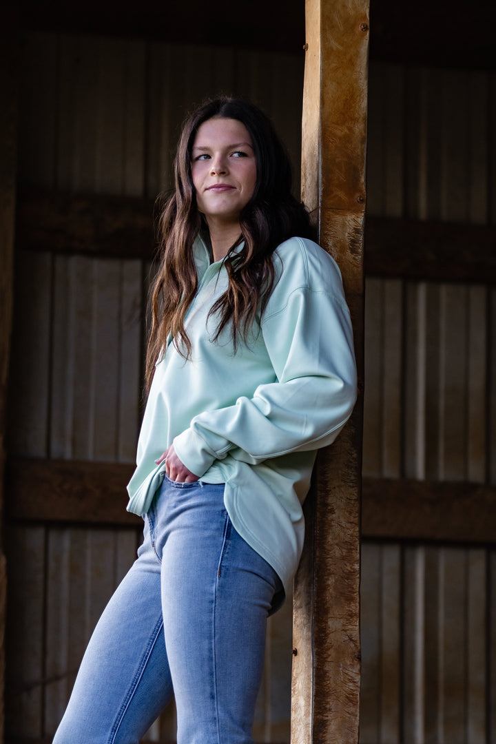 WMS Breeze Logo 1/2 Zip Sweatshirt DUSTY AQUA 10071259 - Double C Western SupplyAriat