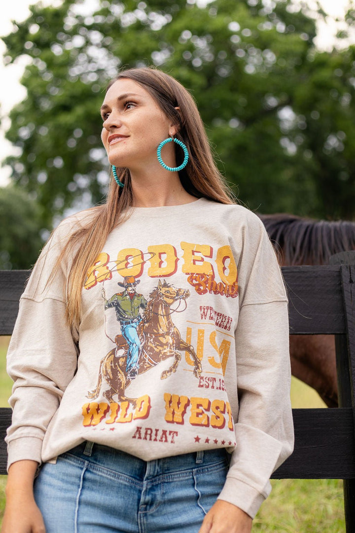 WMS Canvas Oversized Long Sleeve T-Shirt OATMEAL HEATHER 10079246 - Double C Western SupplyAriat