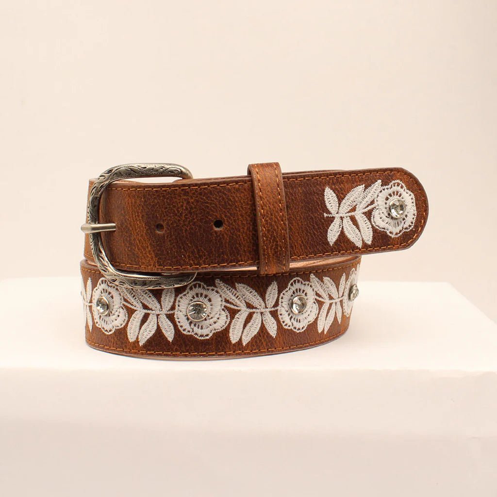 Women's Tan and White Embroidered Flower Belt - Double C Western SupplyM & F