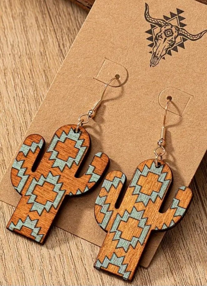 Wooden Turquoise Cactus Earrings - Double C Western SupplyDouble C Western Supply