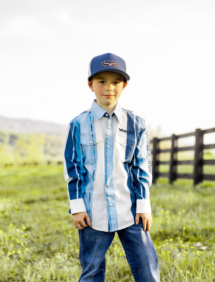 Wrangler Boys Logo Long Sleeve Shirt Blue | 112379217 - Double C Western SupplyWrangler