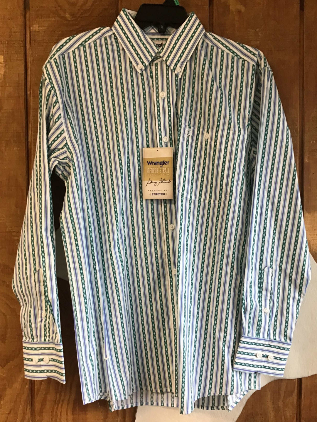 Wrangler® George Strait Collection One Pocket Long Sleeve Shirt - White/ Teal 112374596 - Double C Western SupplyWrangler