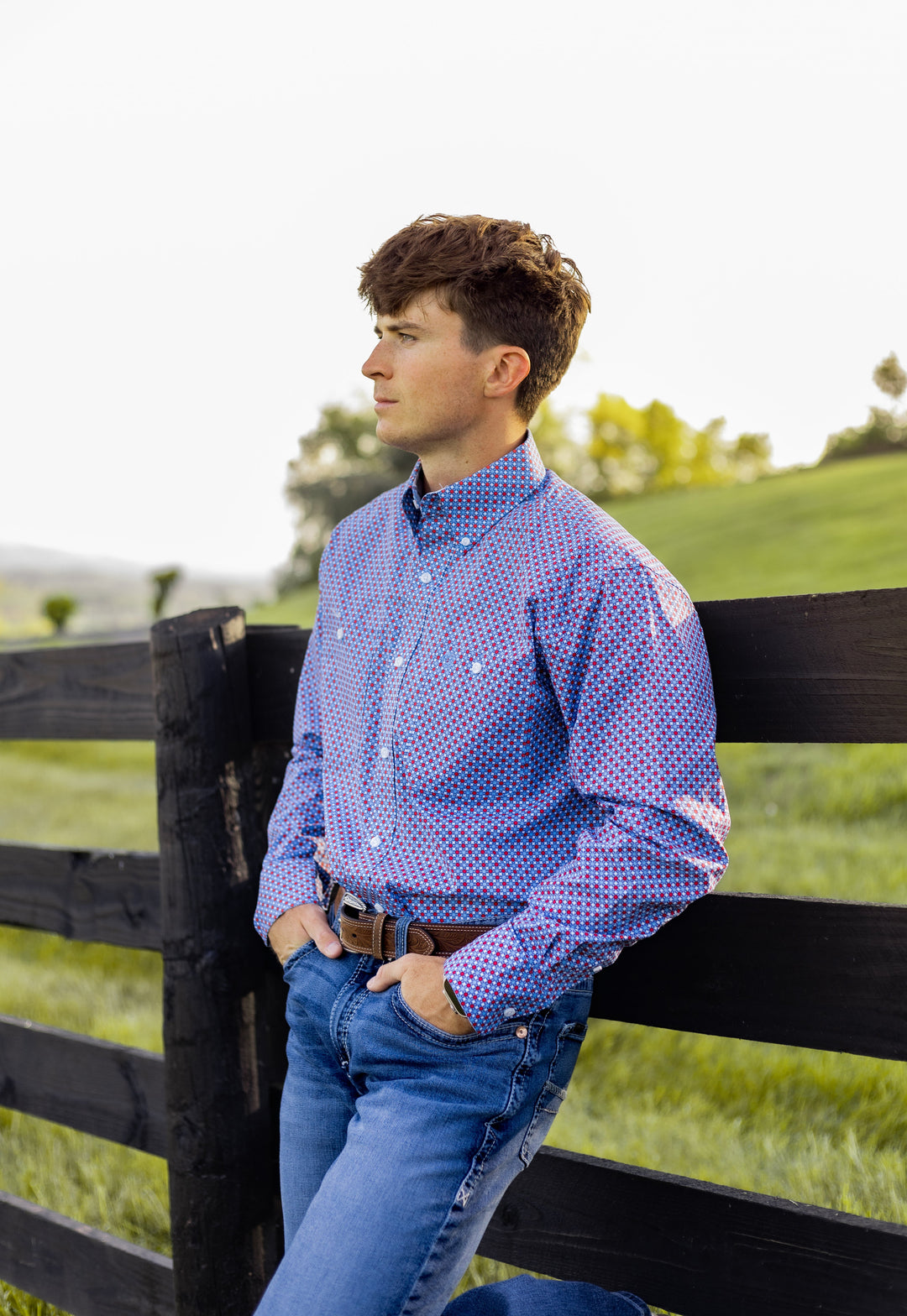 Wrangler® George Strait Collection Two Pocket Long Sleeve Shirt Blue/Red | 112379064 - Double C Western SupplyWrangler