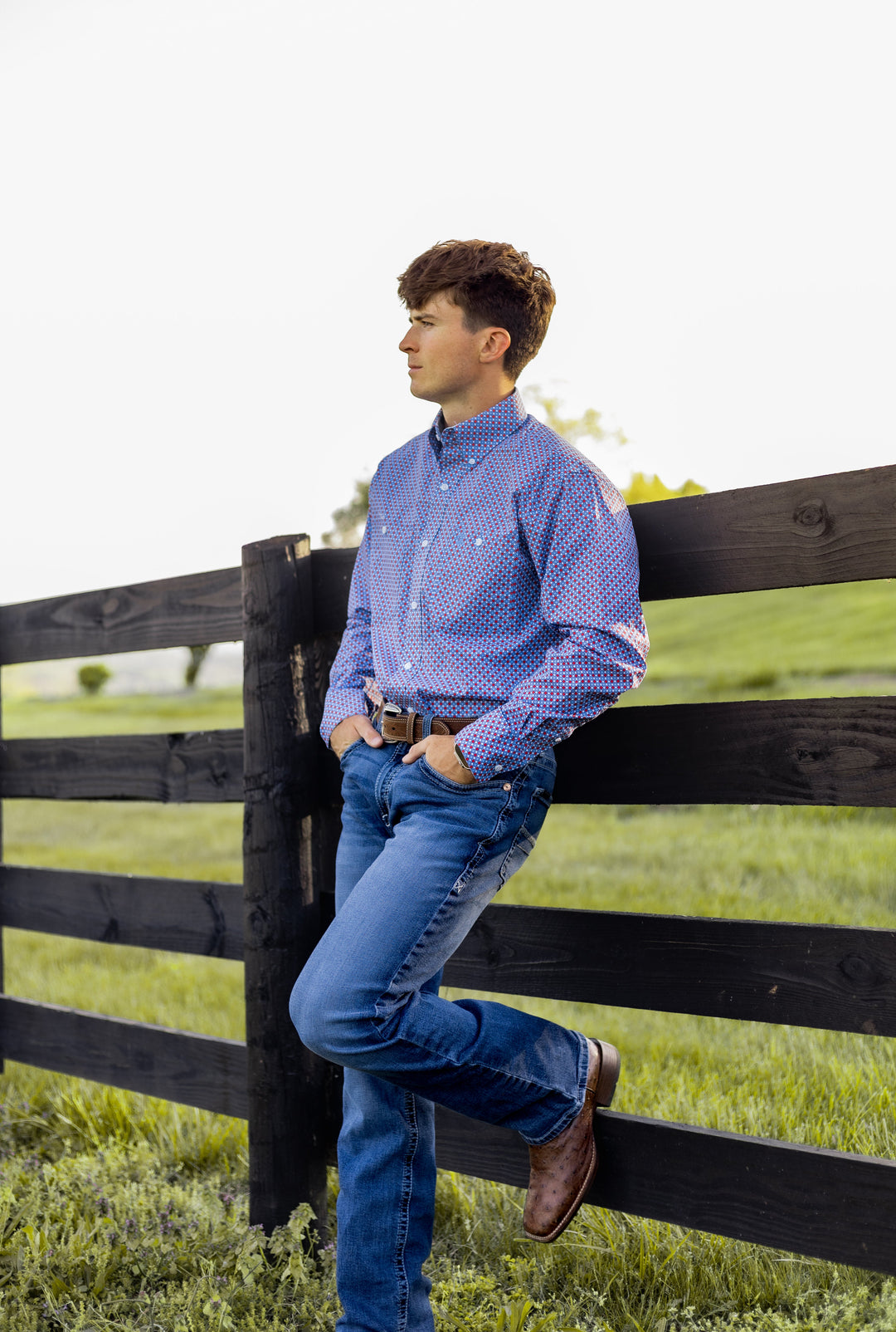 Wrangler® George Strait Collection Two Pocket Long Sleeve Shirt Blue/Red | 112379064 - Double C Western SupplyWrangler