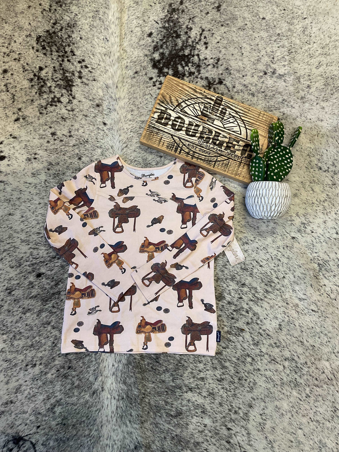 Wrangler® Girls Shirt - Beige Multi With Saddle Pattern - Double C Western SupplyWrangler