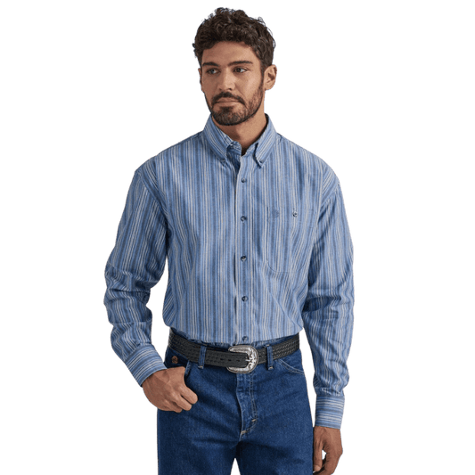 WRANGLER MEN'S GEORGE STRAIT BLUE STRIPE LONG SLEEVE WESTERN SHIRT 112338098 Shirts & Tops Wrangler