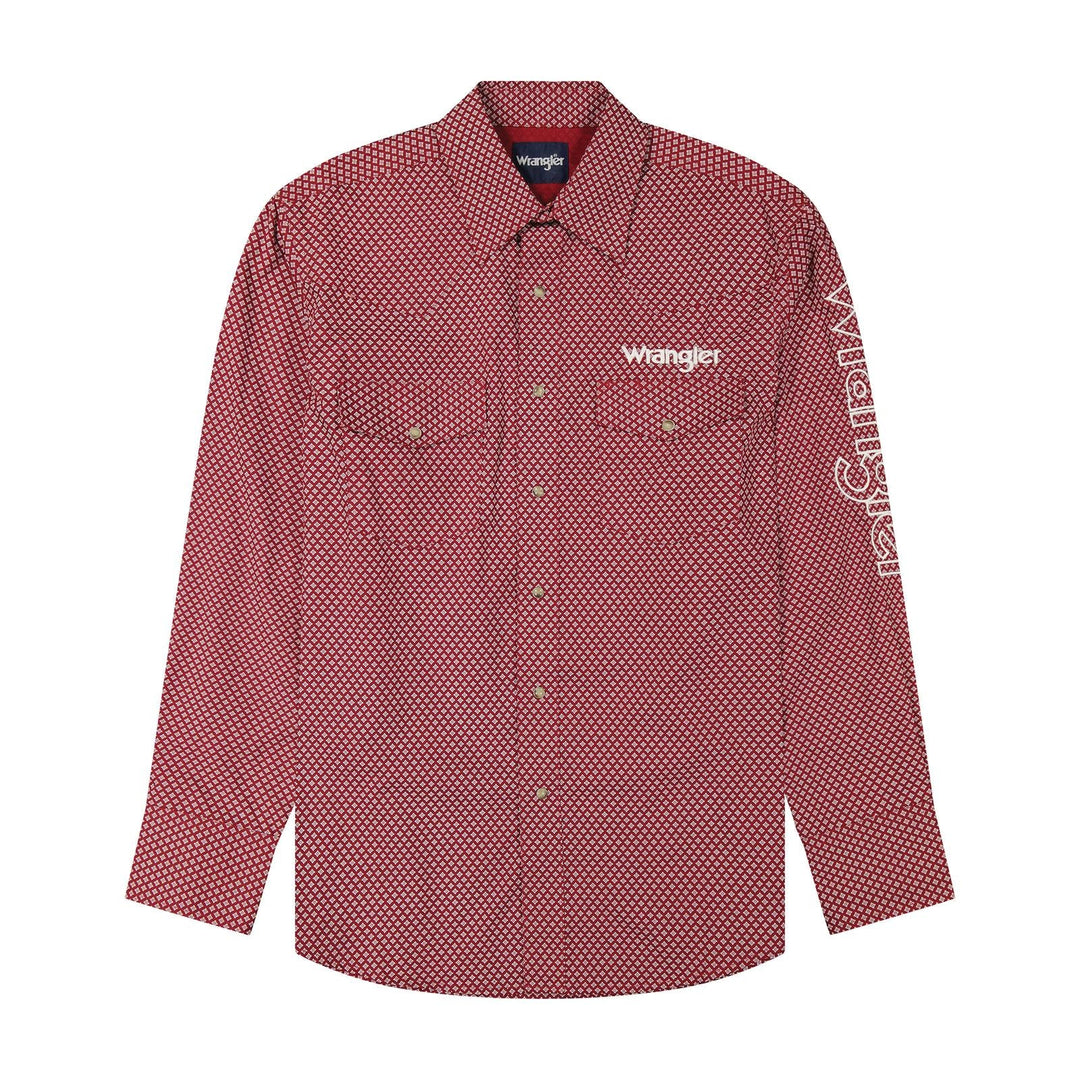 Wrangler® Long Sleeve Logo Shirt - Classic Fit - Snaps - Red - 112385927 - Double C Western SupplyWrangler