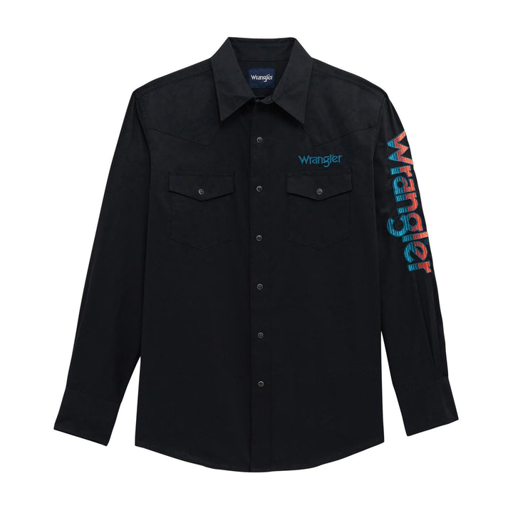 Wrangler® Long Sleeve Logo Shirt - Snaps - Black - 112381987 - Double C Western SupplyWrangler