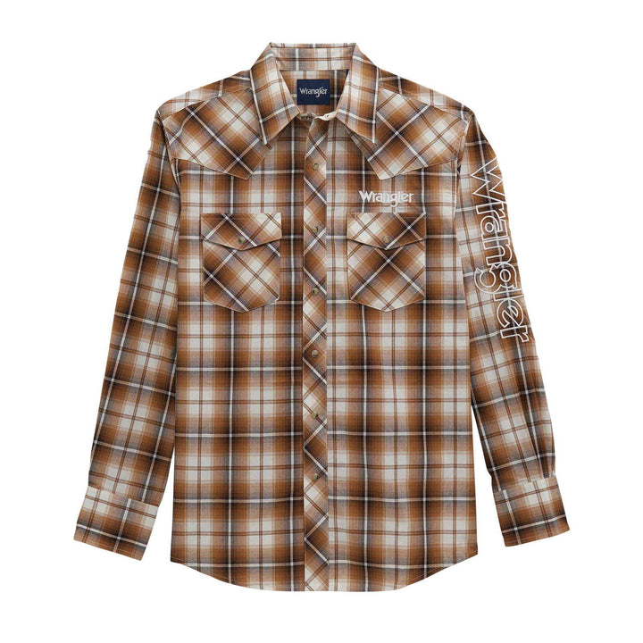 Wrangler® Long Sleeve Logo Shirt - Snaps - Brown - 112381988 - Double C Western SupplyWrangler
