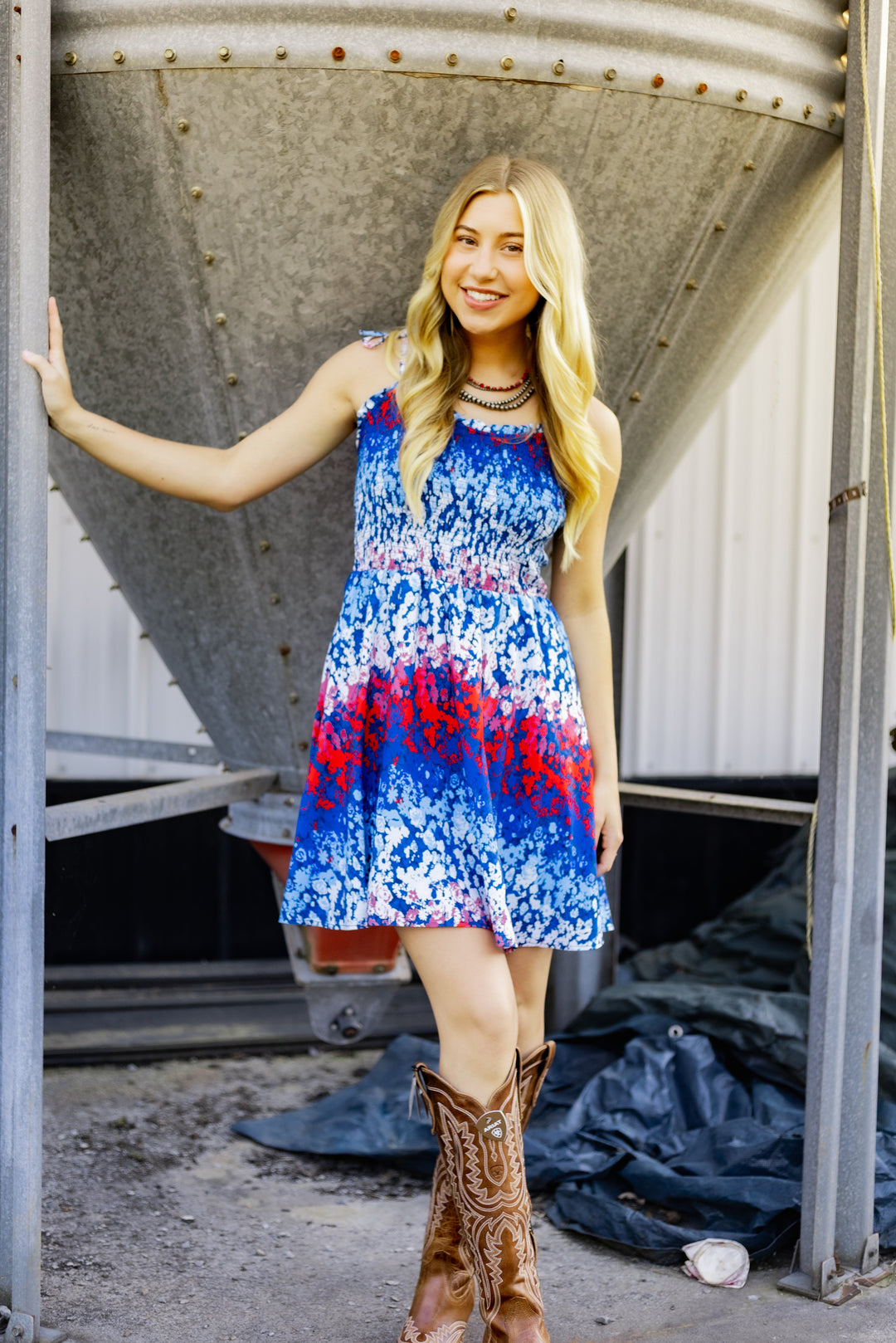 Wrangler Retro® Americana Tie Smocked Dress Blue | 112379490 - Double C Western SupplyWrangler