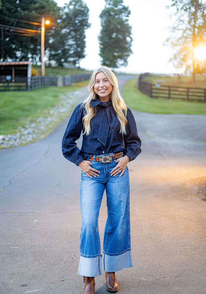 Wrangler Retro® Punchy Denim Bow Snap Shirt - Denim - 112382509 - Double C Western SupplyWrangler