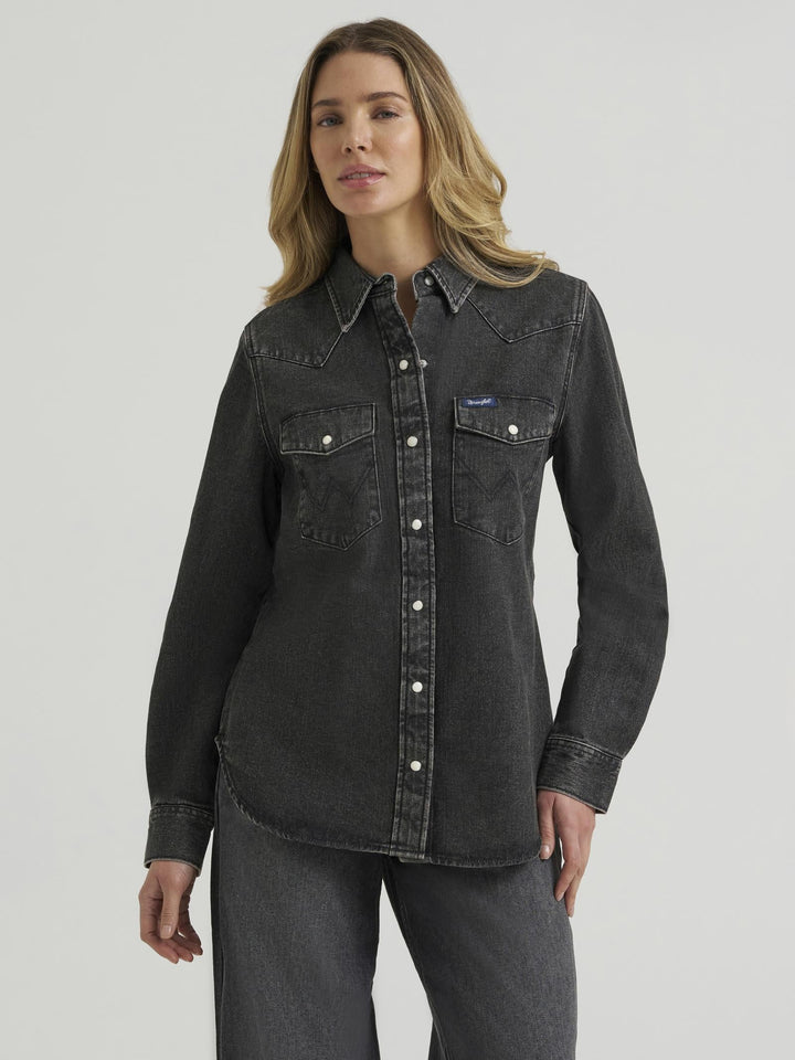 Wrangler Retro® Punchy Denim Vintage Snap Shirt - Black - 112385445 - Double C Western SupplyWrangler