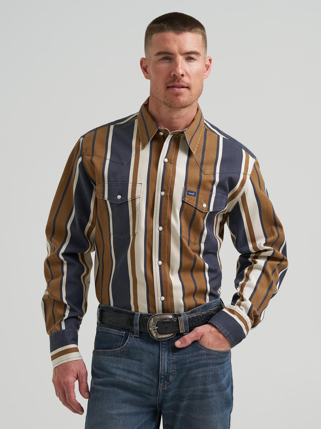 Wrangler® Vintage Inspired Brushpopper Long Sleeve Shirt - Classic Fit - Brown/Blue Stripe - 112385789 - Double C Western SupplyWrangler